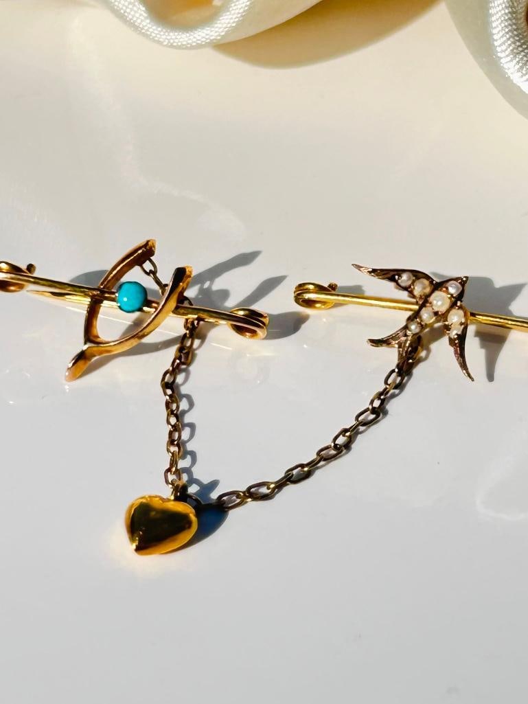 Antique turquoise wishbone and pearl swallow and heart double gold pins - 7