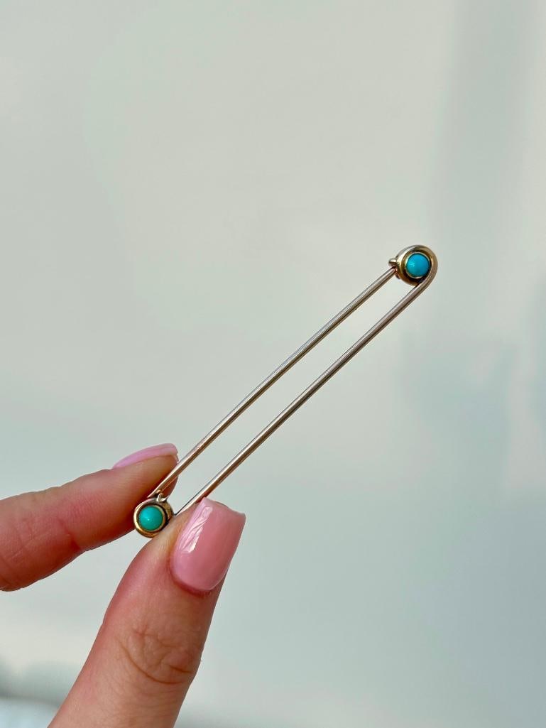 Antique Oversized Stock / Safety Pin Brooch with Turquoise - 4