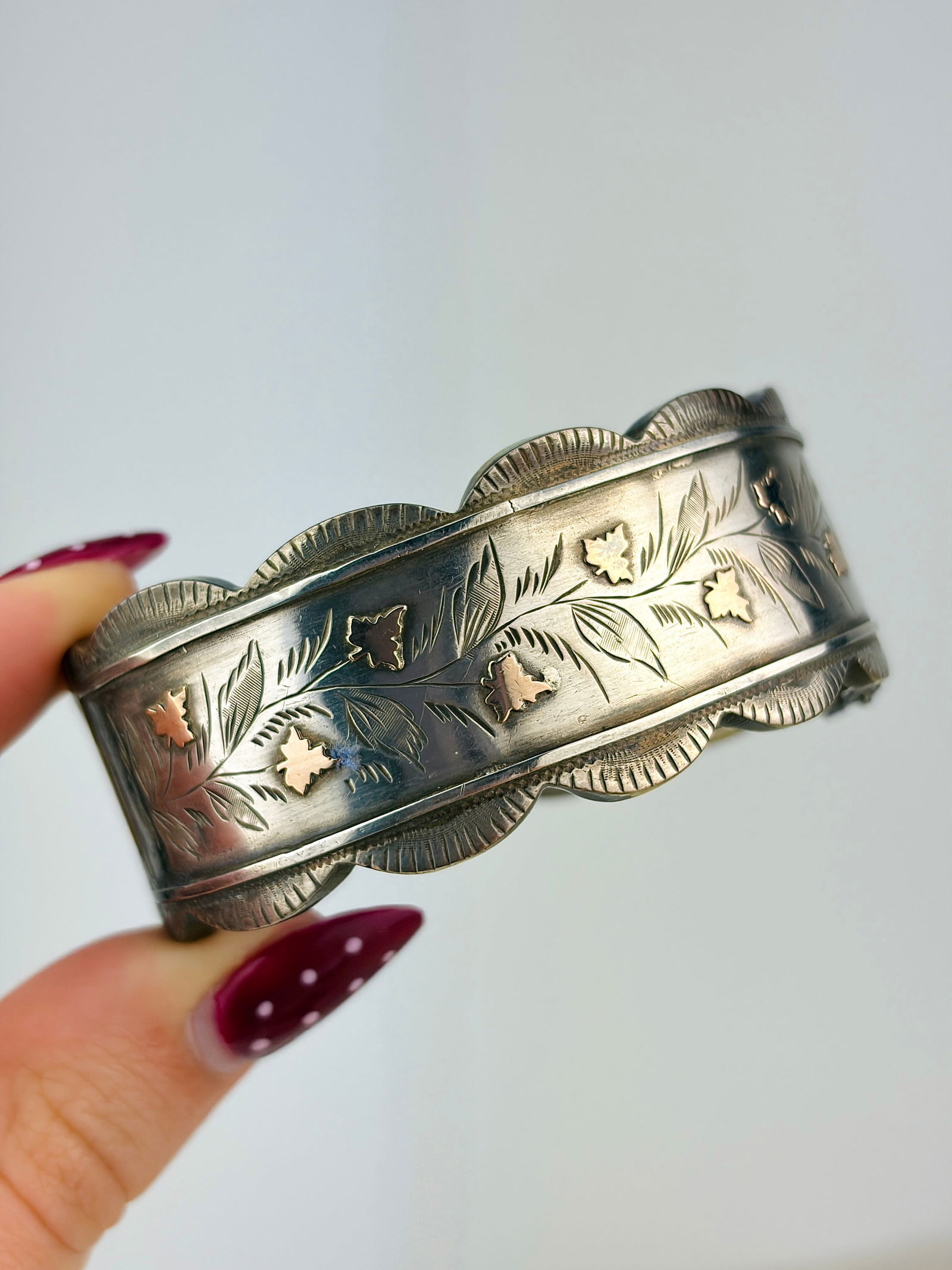 ANTIQUE VICTORIAN ERA SILVER BANGLE / BRACELET WITH GOLD OVERLAY (1 of 6)