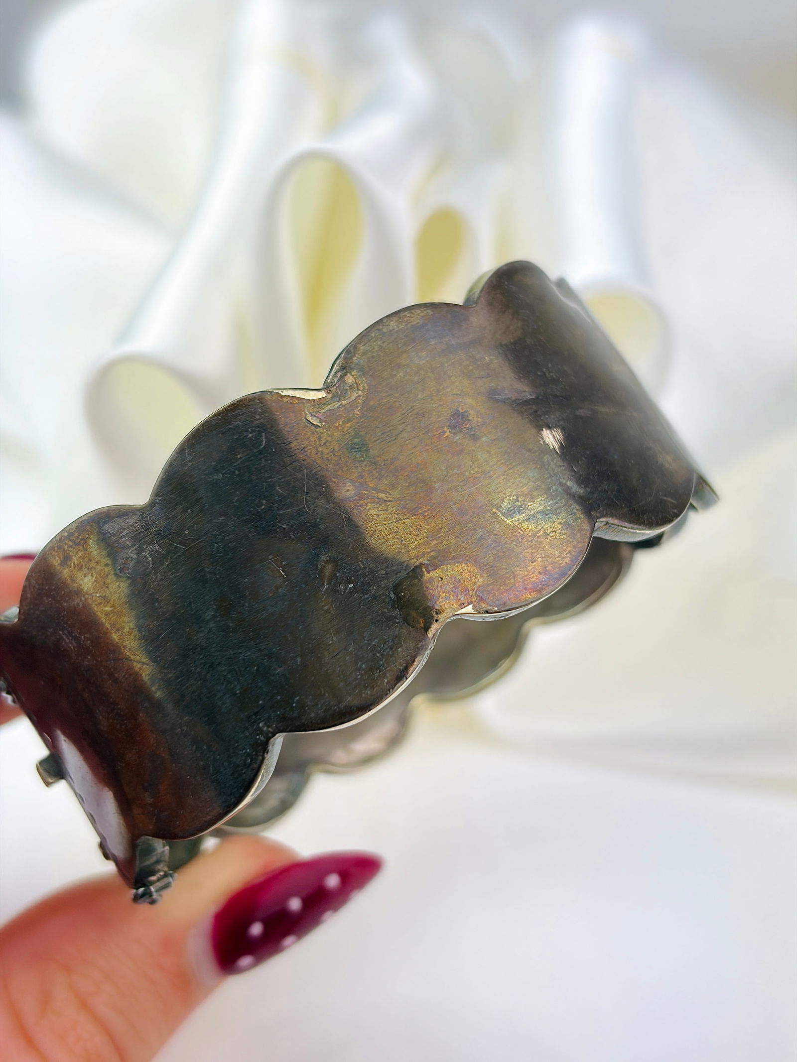 ANTIQUE VICTORIAN ERA SILVER BANGLE / BRACELET WITH GOLD OVERLAY - 4