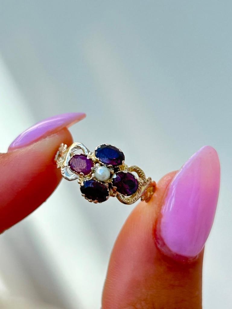 Antique 9ct Gold Garnet and Pearl Flower Ring - 3