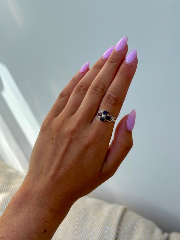 Antique 9ct Gold Garnet and Pearl Flower Ring - 5