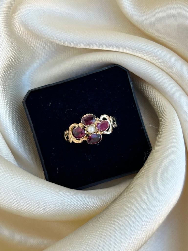 Antique 9ct Gold Garnet and Pearl Flower Ring - 6