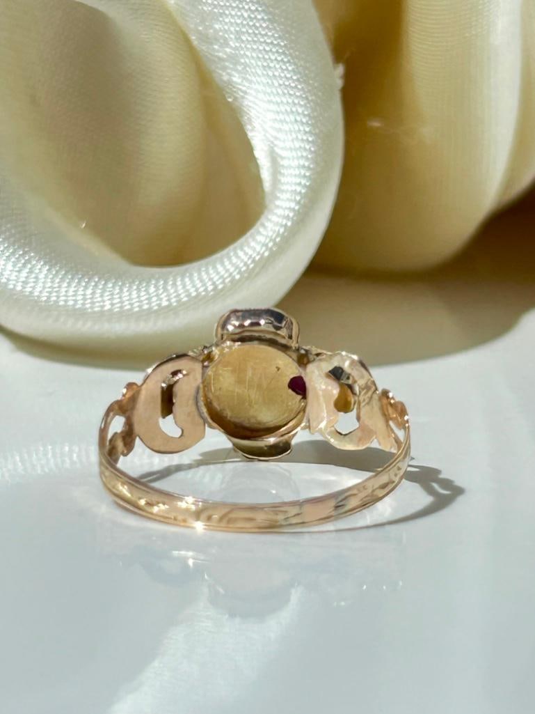 Antique 9ct Gold Garnet and Pearl Flower Ring - 8