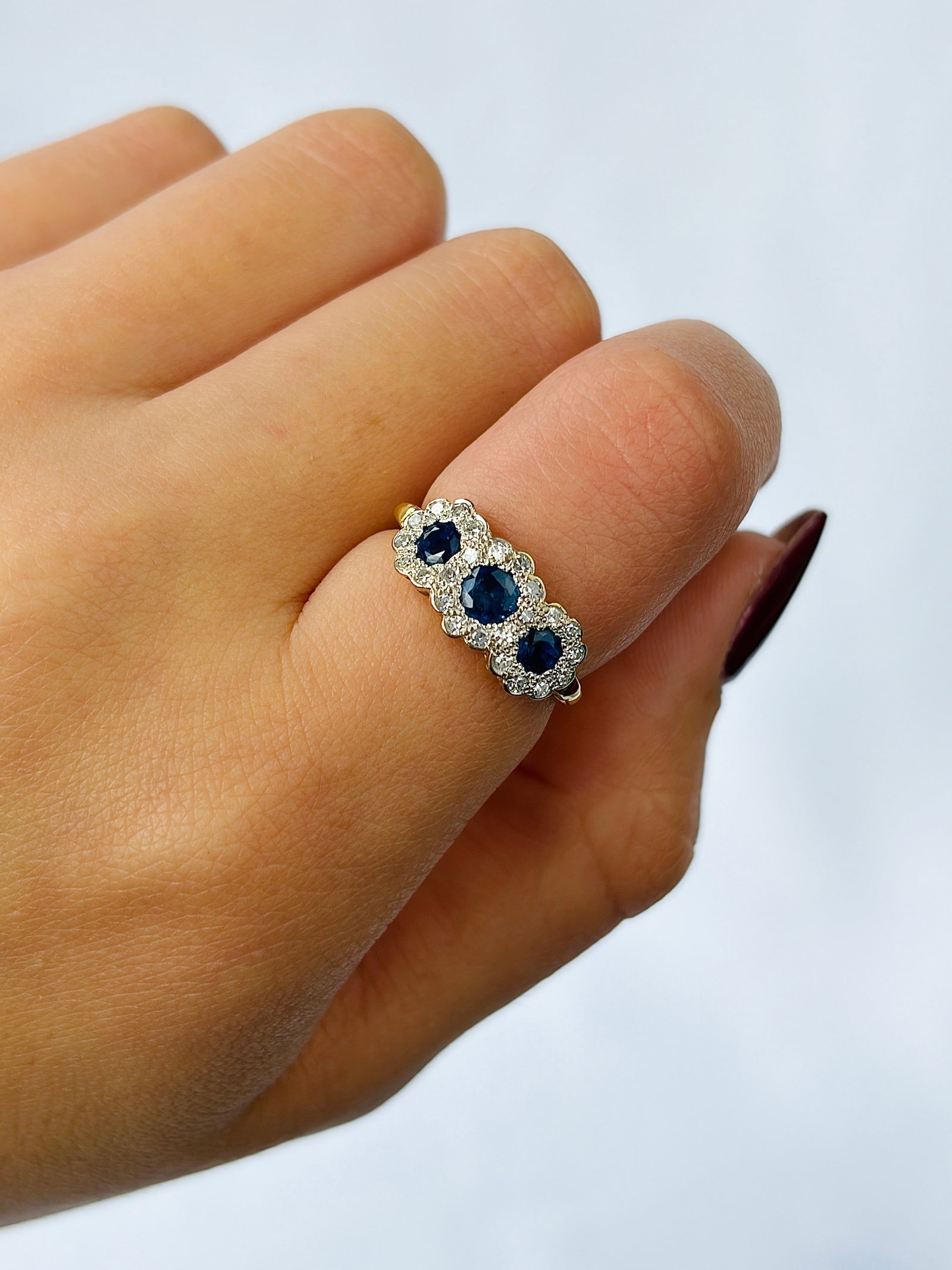 Vintage C.1997 Sapphire and Diamond Triple Cluster Ring in 18ct Yellow Gold - 9