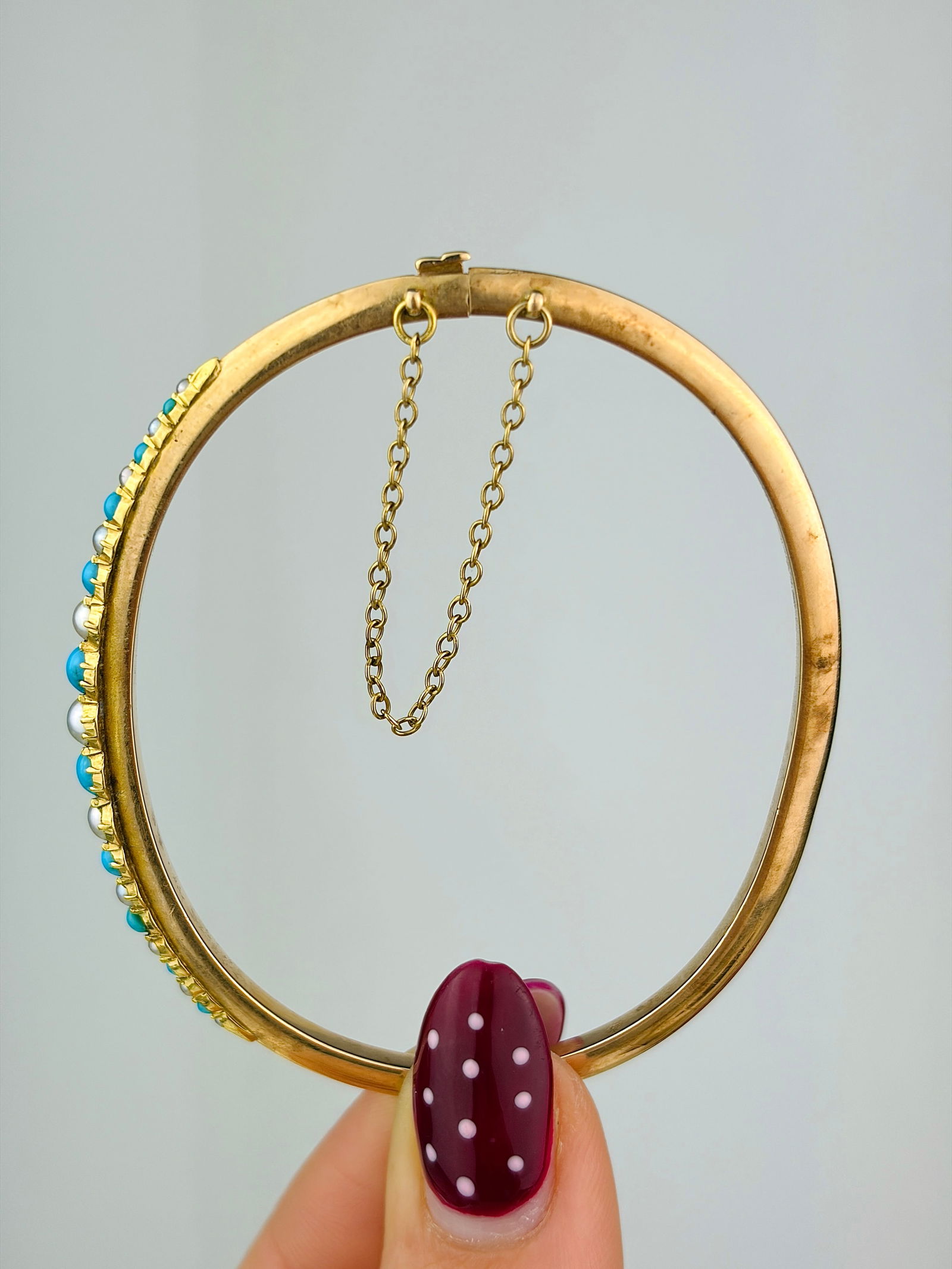 WONDERFUL 18CT YELLOW GOLD TURQUOISE AND PEARL BANGLE / BRACELET - 2