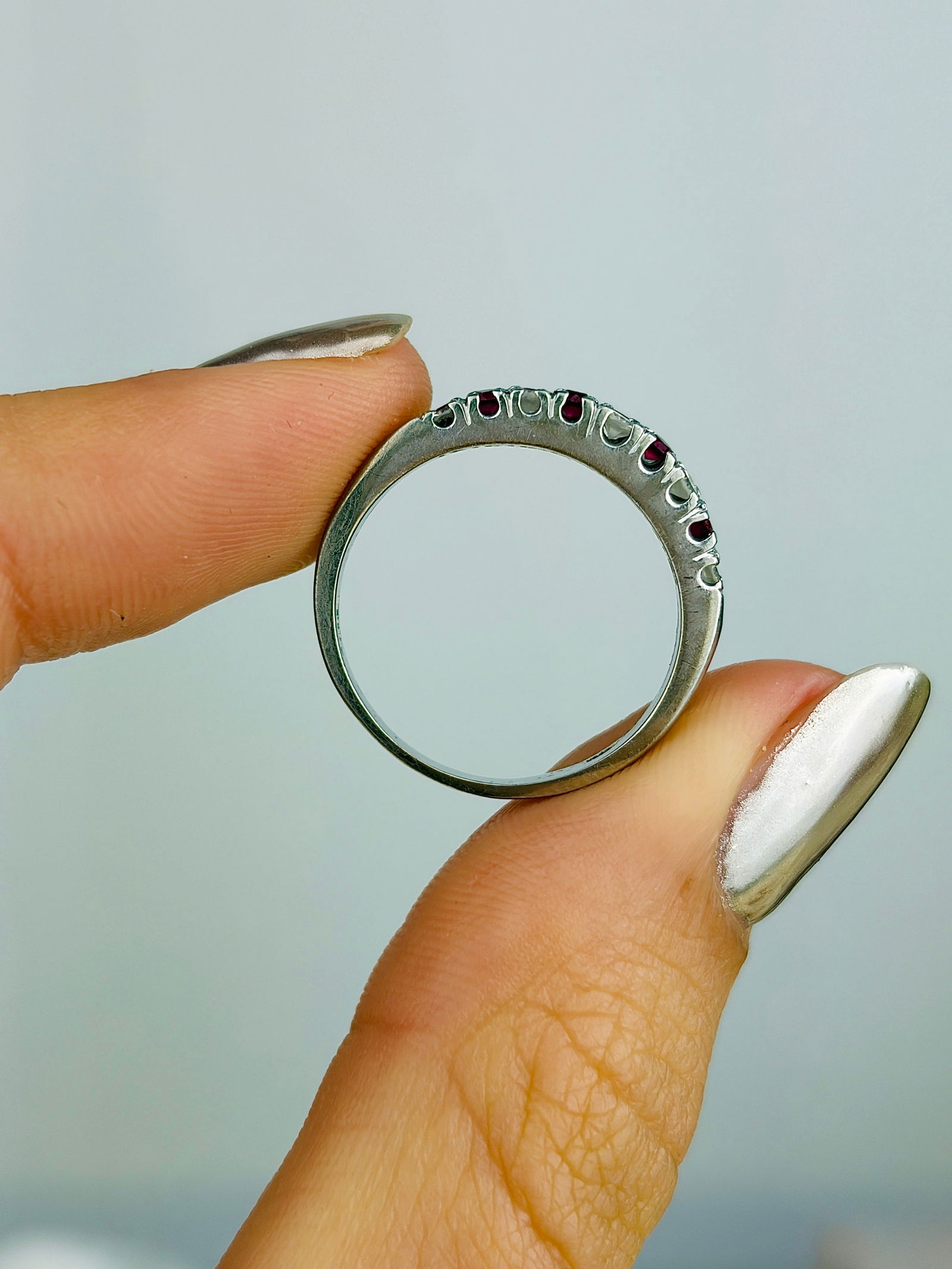 Vintage 18ct White Gold Ruby and Diamond Double Row Half Eternity Ring - 7