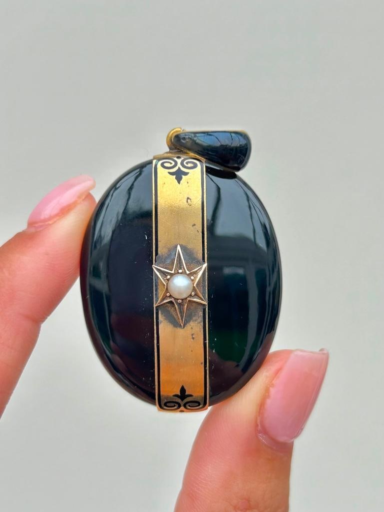 Antique Huge 18ct Yellow Gold Pearl and Onyx Star Locket Pendant - 2