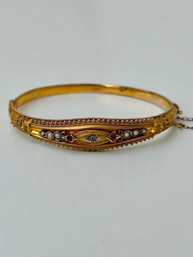 Antique Victorian Star Ruby Diamond and Pearl 9carat Bangle Bracelet - 3