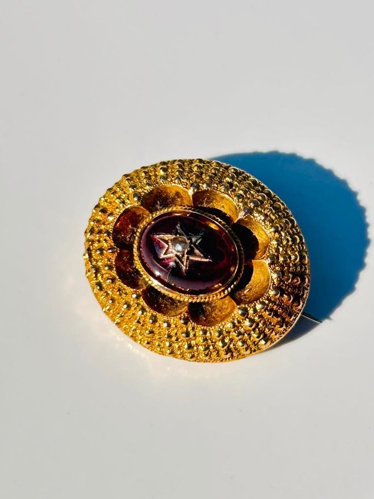 Antique 15ct yellow gold garnet and pearl star brooch with locket back - 2