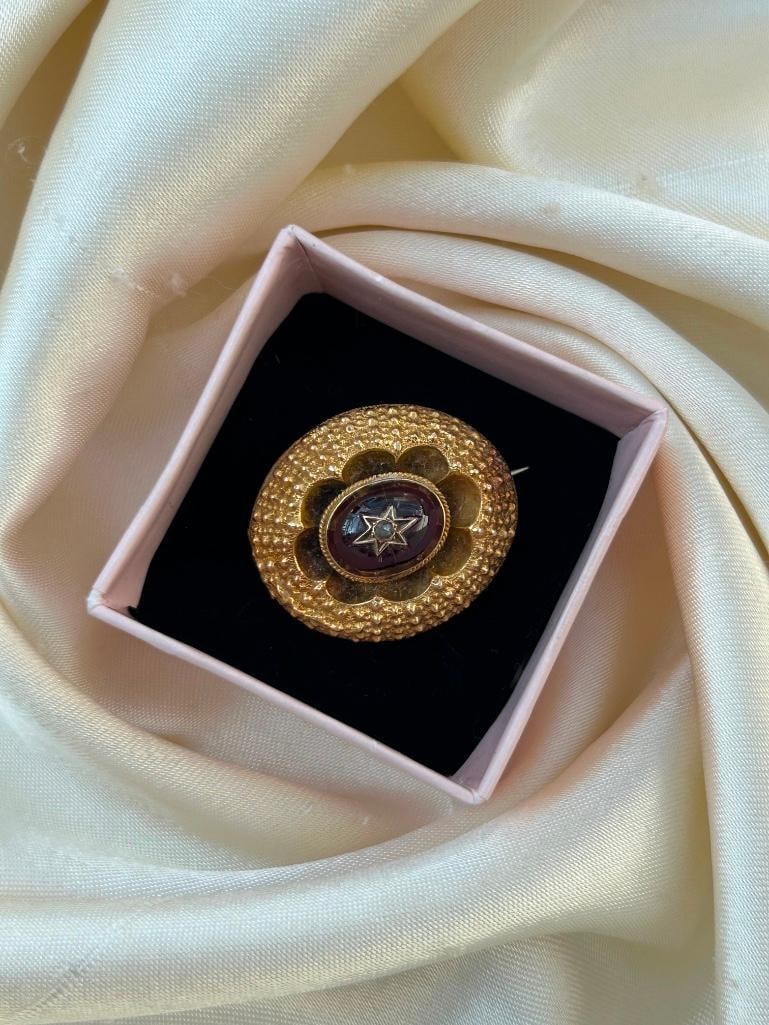 Antique 15ct yellow gold garnet and pearl star brooch with locket back - 7