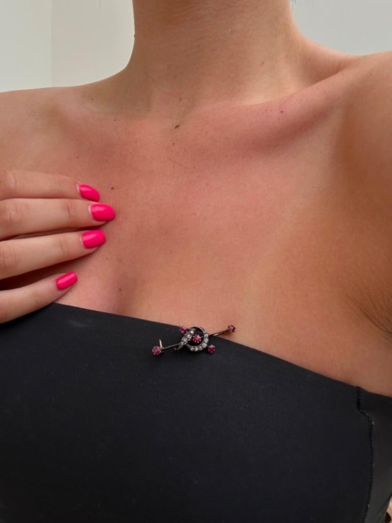 Antique Ruby and Diamond Gold Crescent Bar Brooch - 2