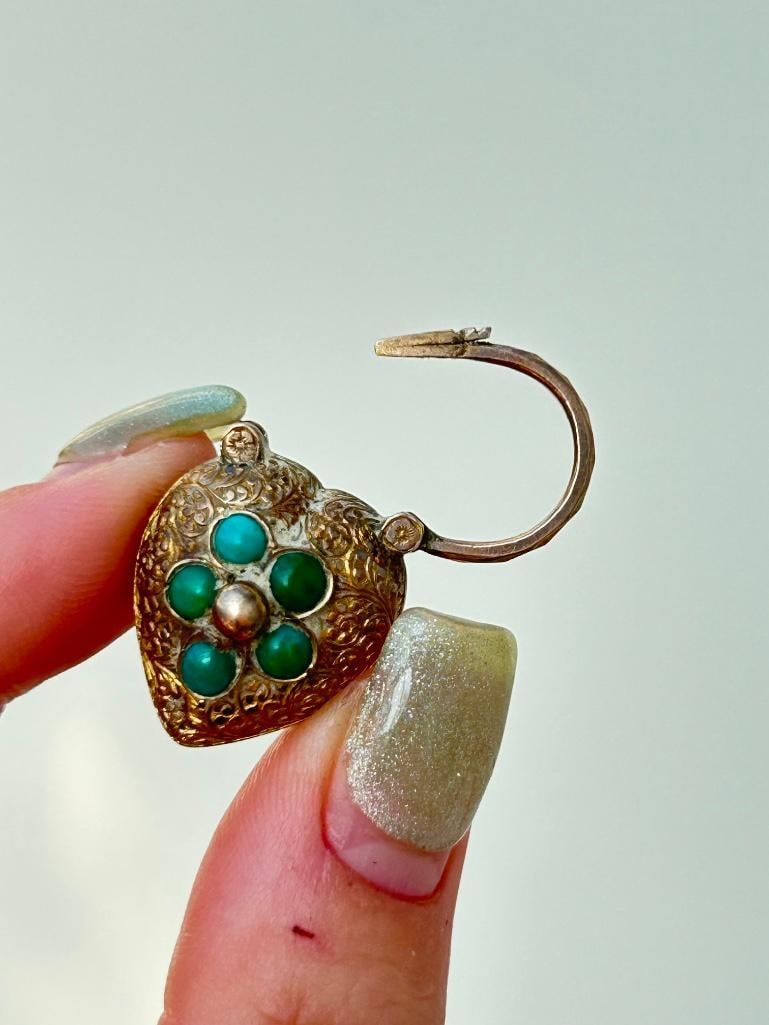 Large Antique Turquoise and Gold Heart Padlock Pendant - 3