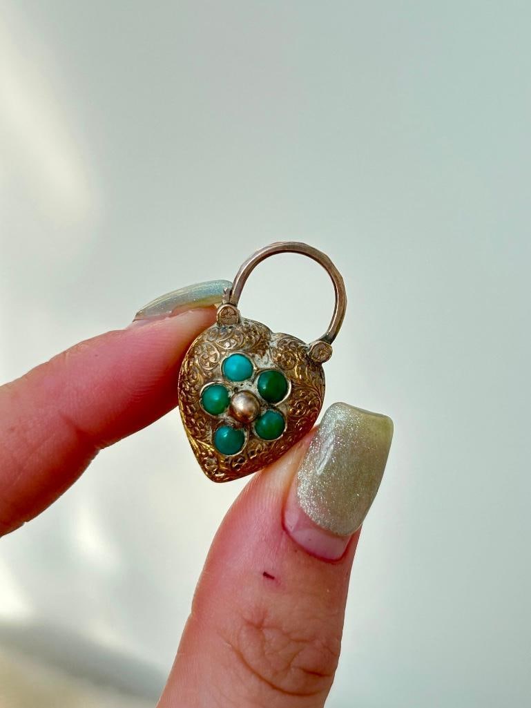 Large Antique Turquoise and Gold Heart Padlock Pendant - 5
