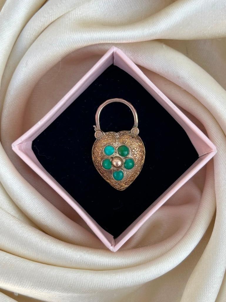 Large Antique Turquoise and Gold Heart Padlock Pendant - 6