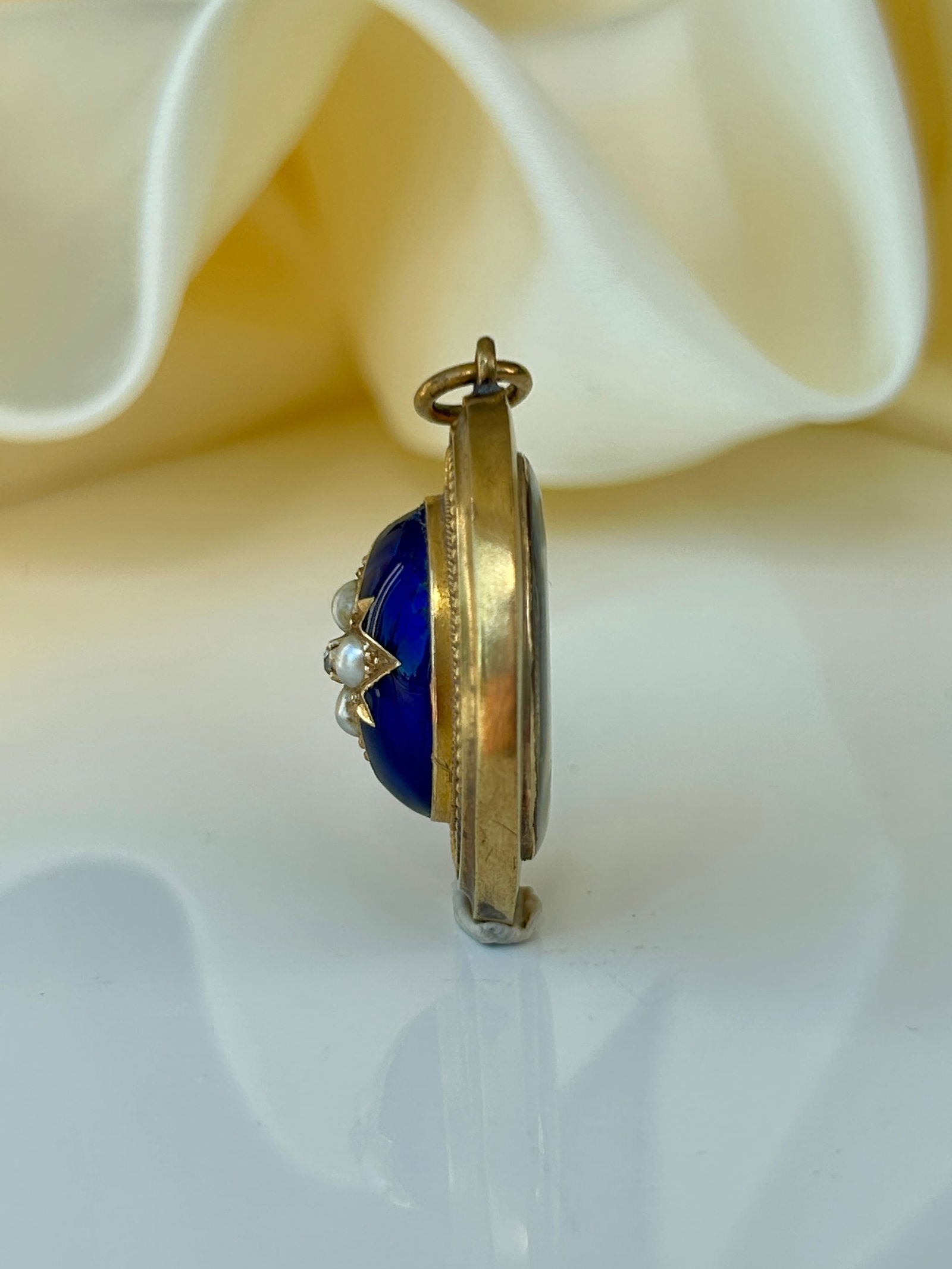 Antique 18ct Yellow Gold Blue Enamel, Diamond and Pearl Star Locket back Pendant - 3