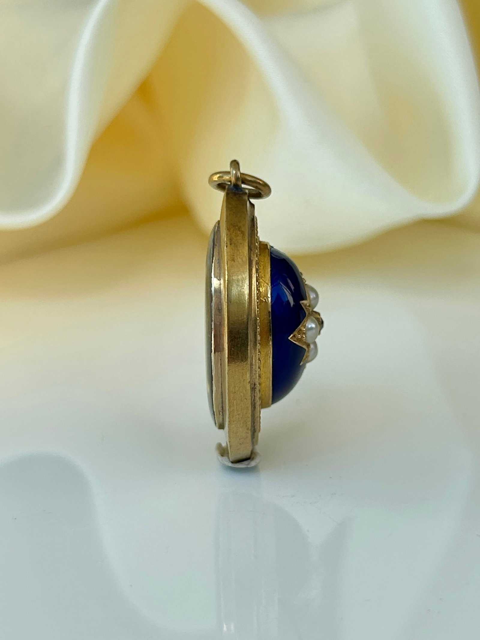 Antique 18ct Yellow Gold Blue Enamel, Diamond and Pearl Star Locket back Pendant - 4