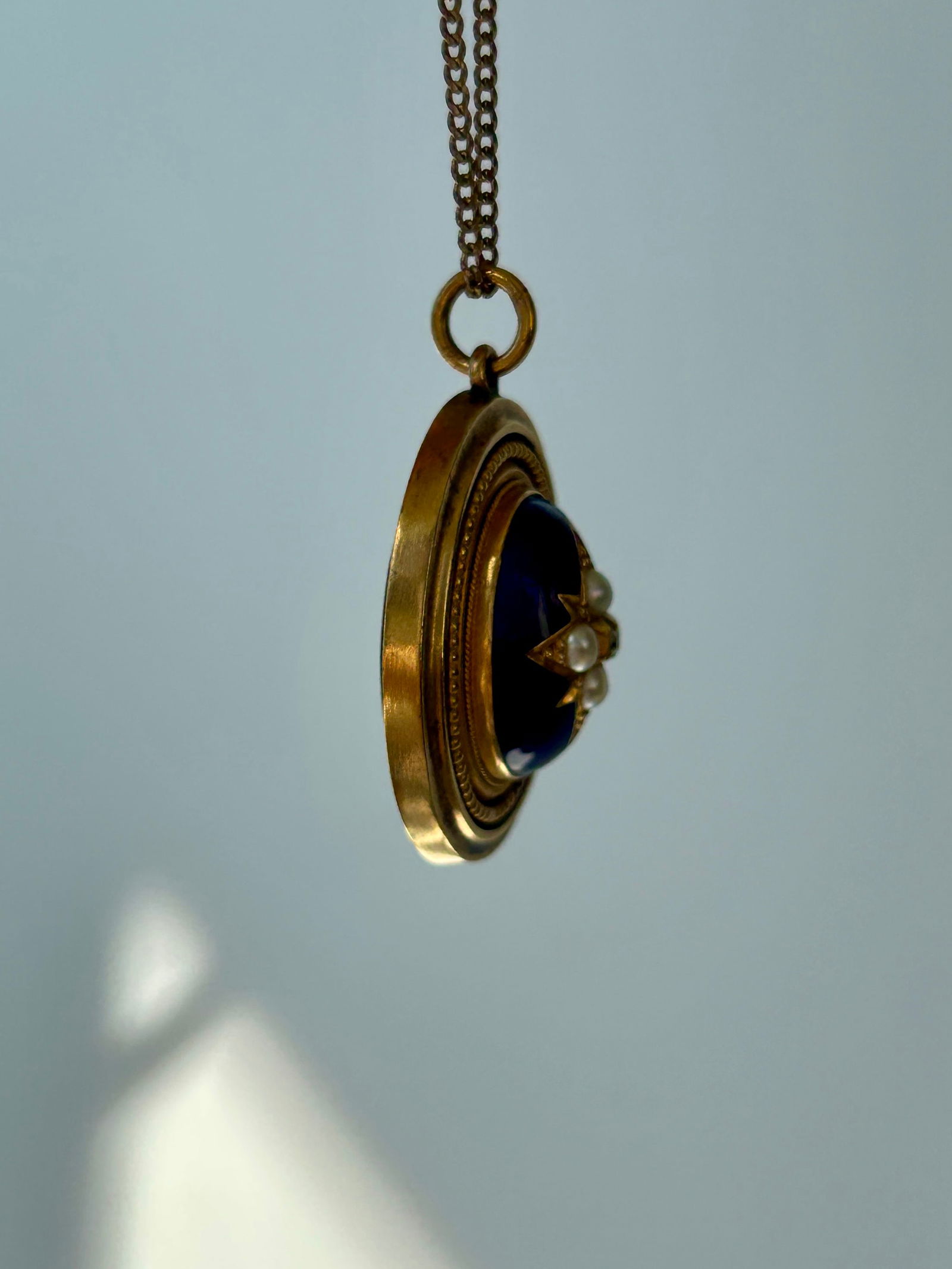 Antique 18ct Yellow Gold Blue Enamel, Diamond and Pearl Star Locket back Pendant - 7