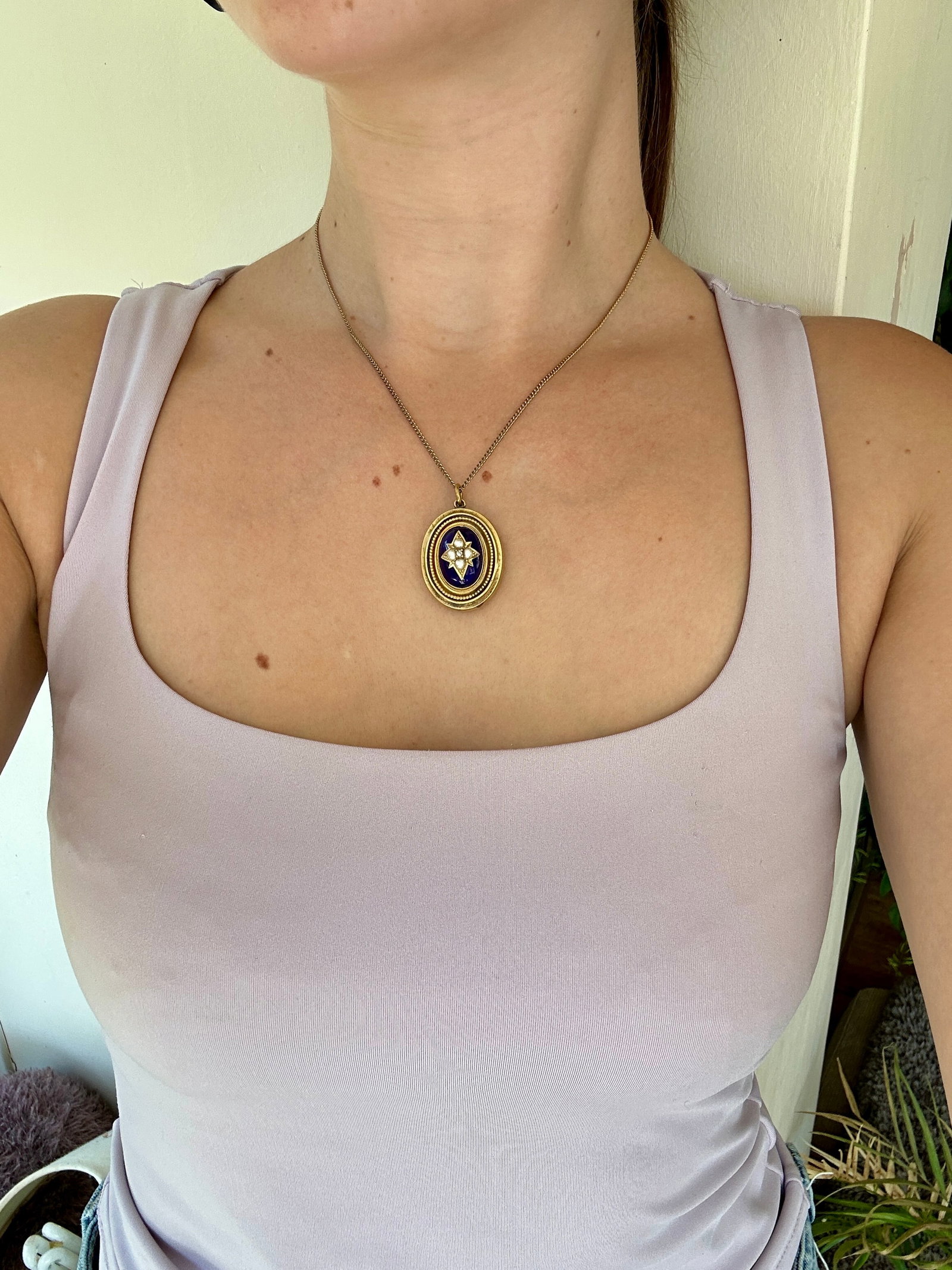 Antique 18ct Yellow Gold Blue Enamel, Diamond and Pearl Star Locket back Pendant - 8