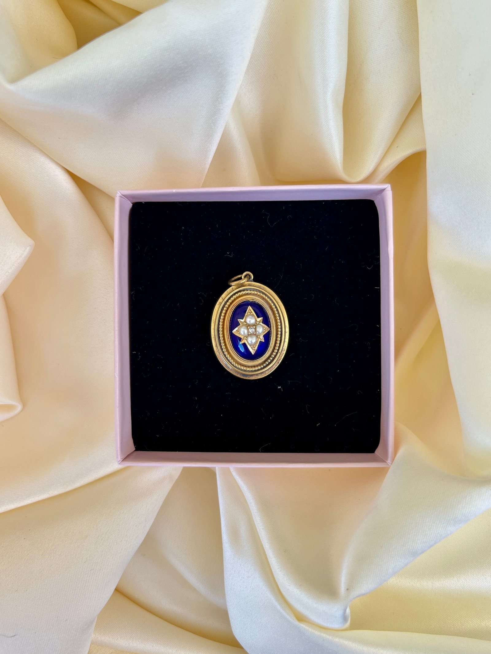 Antique 18ct Yellow Gold Blue Enamel, Diamond and Pearl Star Locket back Pendant - 9