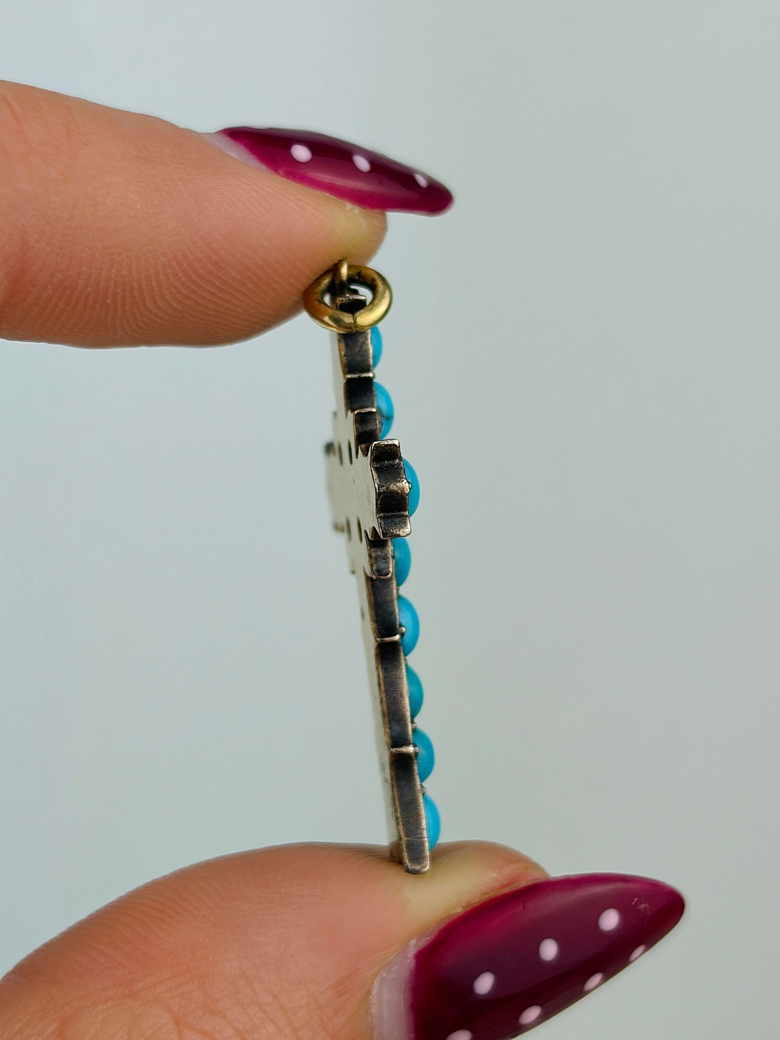 ANTIQUE 18CT YELLOW GOLD TURQUOISE AND DIAMOND CROSS PENDANT - 2