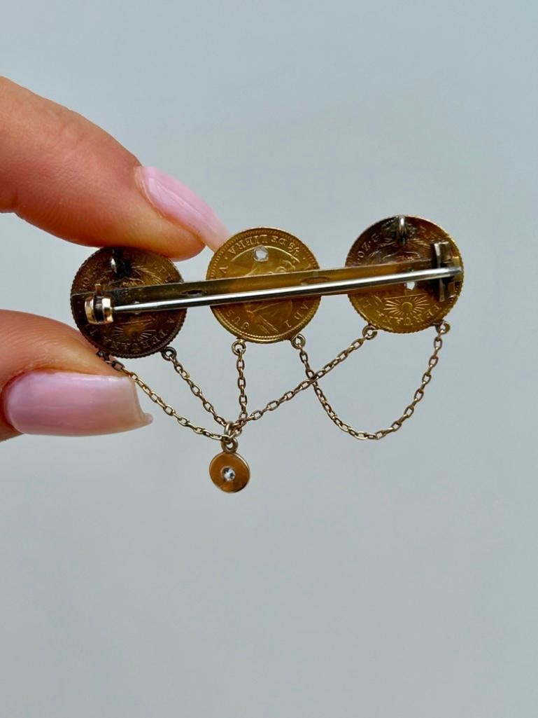 22ct gold 3 x 1/5 De Libra 1912 Republica Peruana Lima Brooch with Diamonds - 4