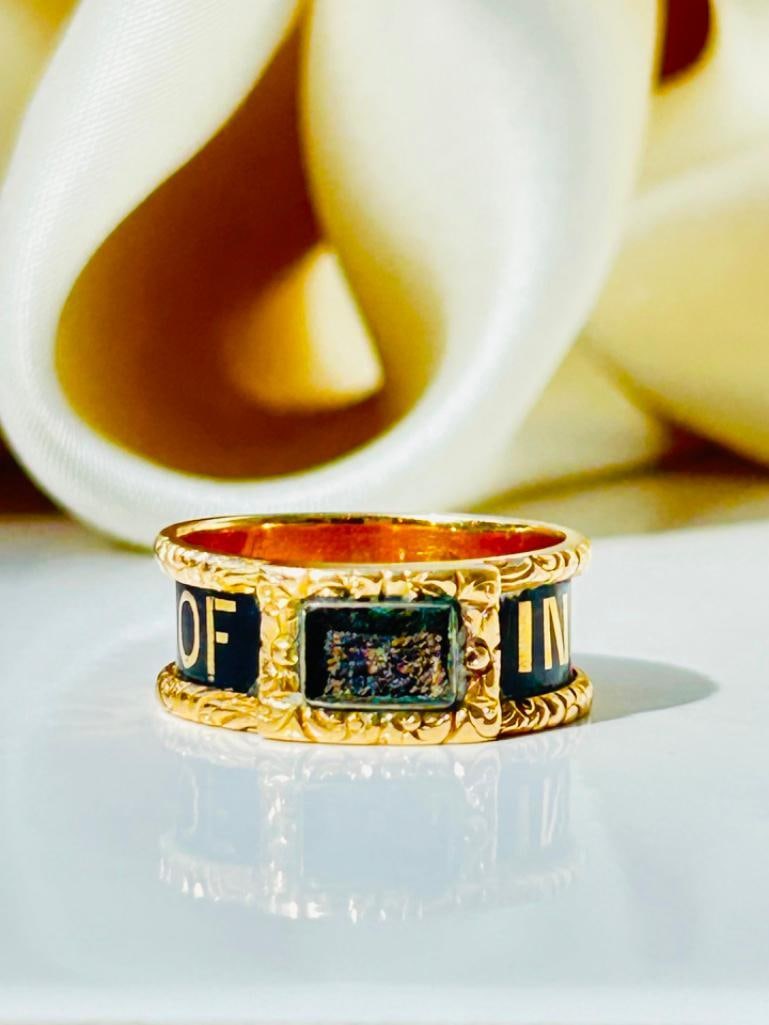 Antique 18ct Yellow Gold Black Enamel In Memory Of Band Ring - 5