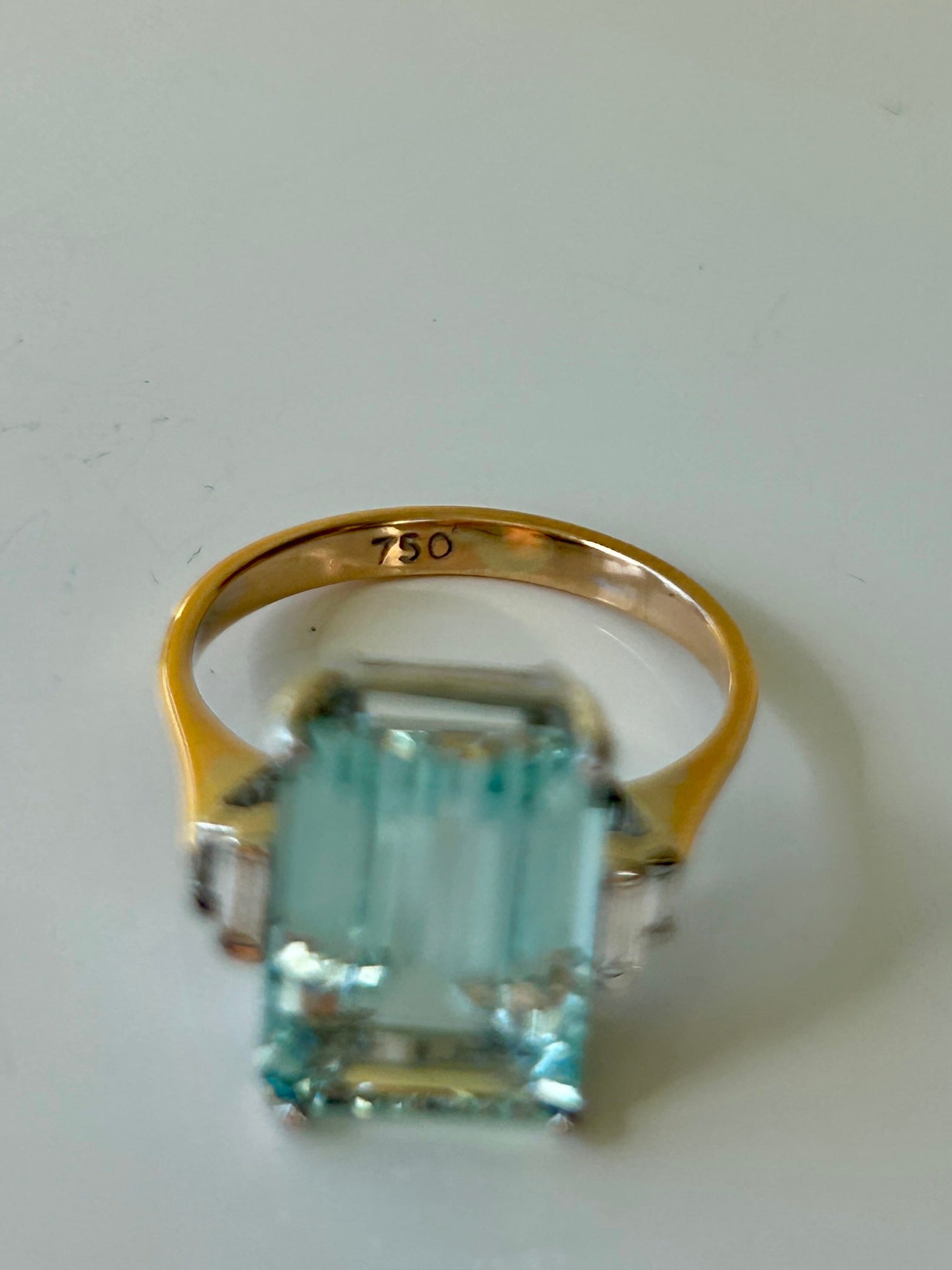 18ct White and Yellow Gold Aquamarine and Baguette Cut Diamond Shoulder Cocktail Ring - 2