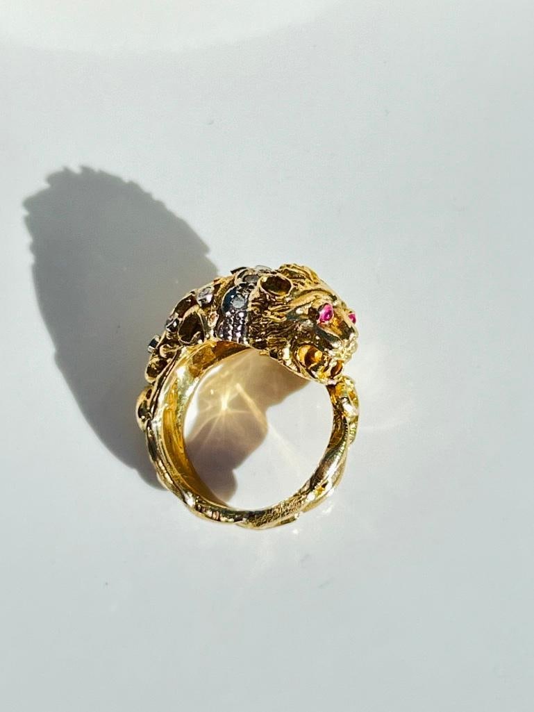 Unusual Heavy 18ct Yellow Gold Diamond and Ruby “Zolotas” Lion Ring - 3