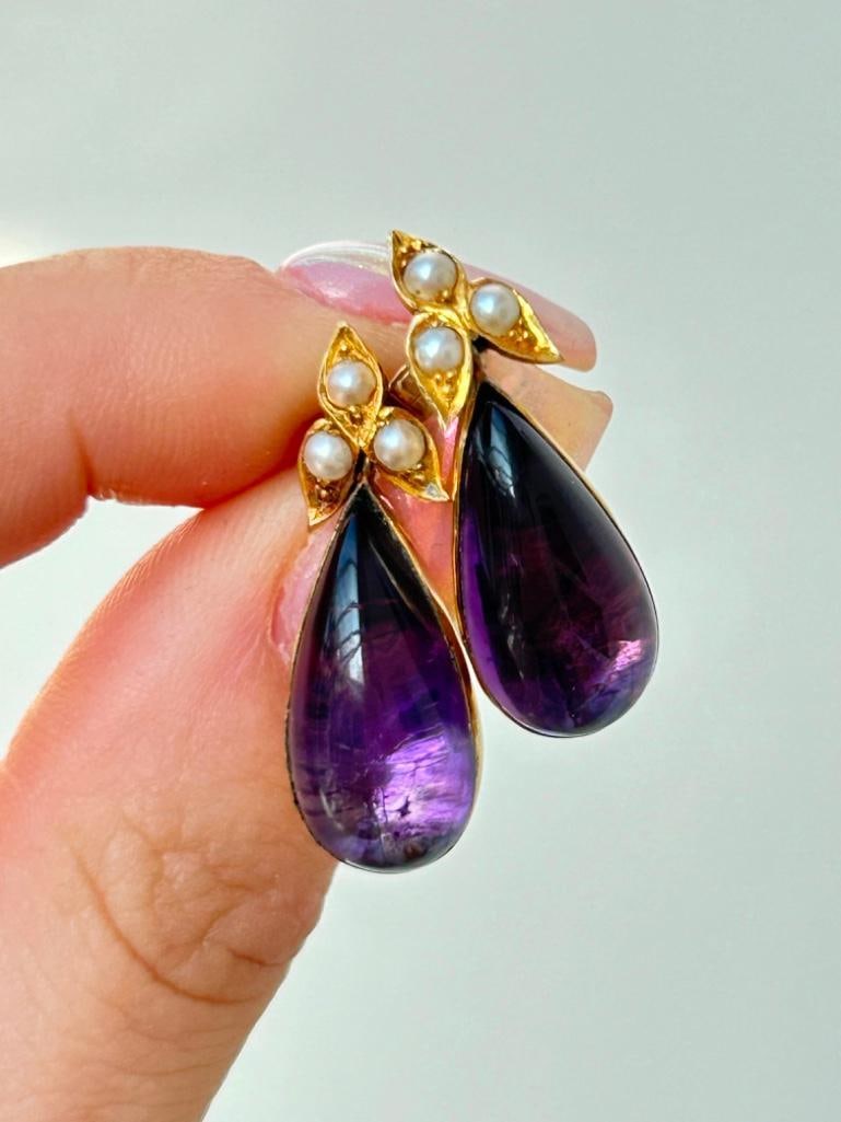 Antique Gold Cabochon Amethyst and Pearl Drop Earrings - 7