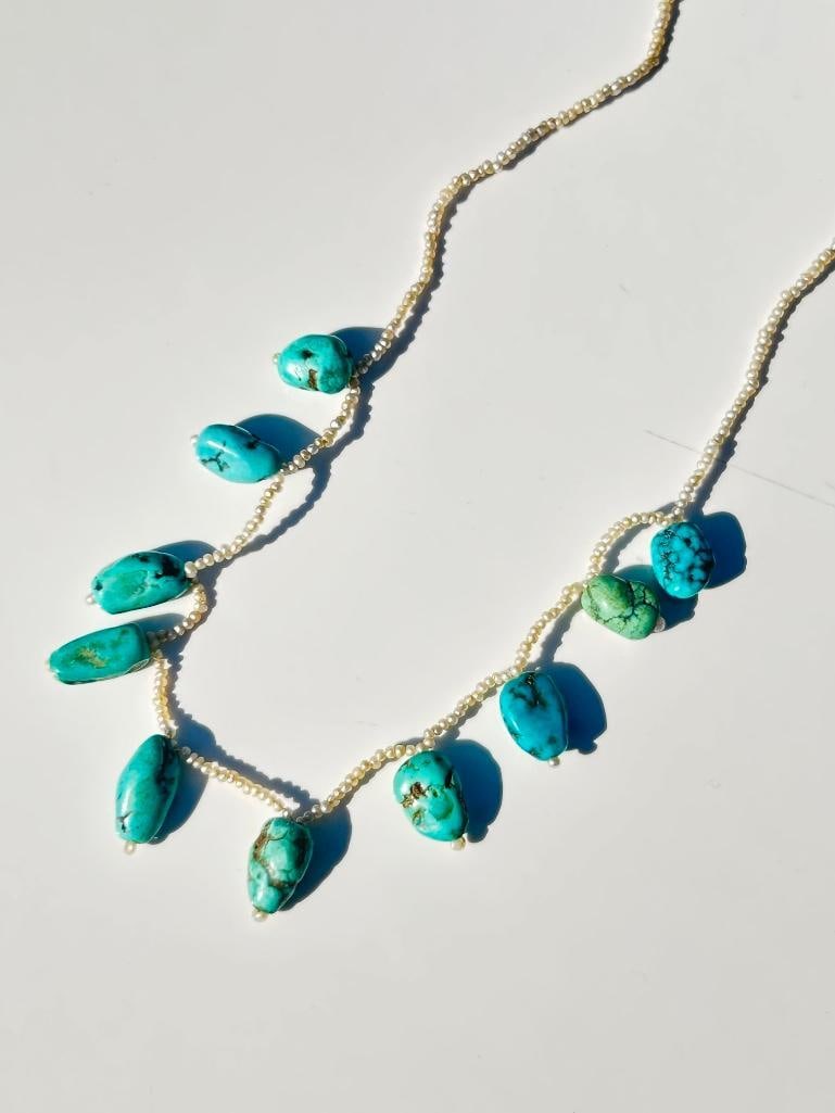 Antique pearl and turquoise necklace with 15ct gold bracelet clasp - 2