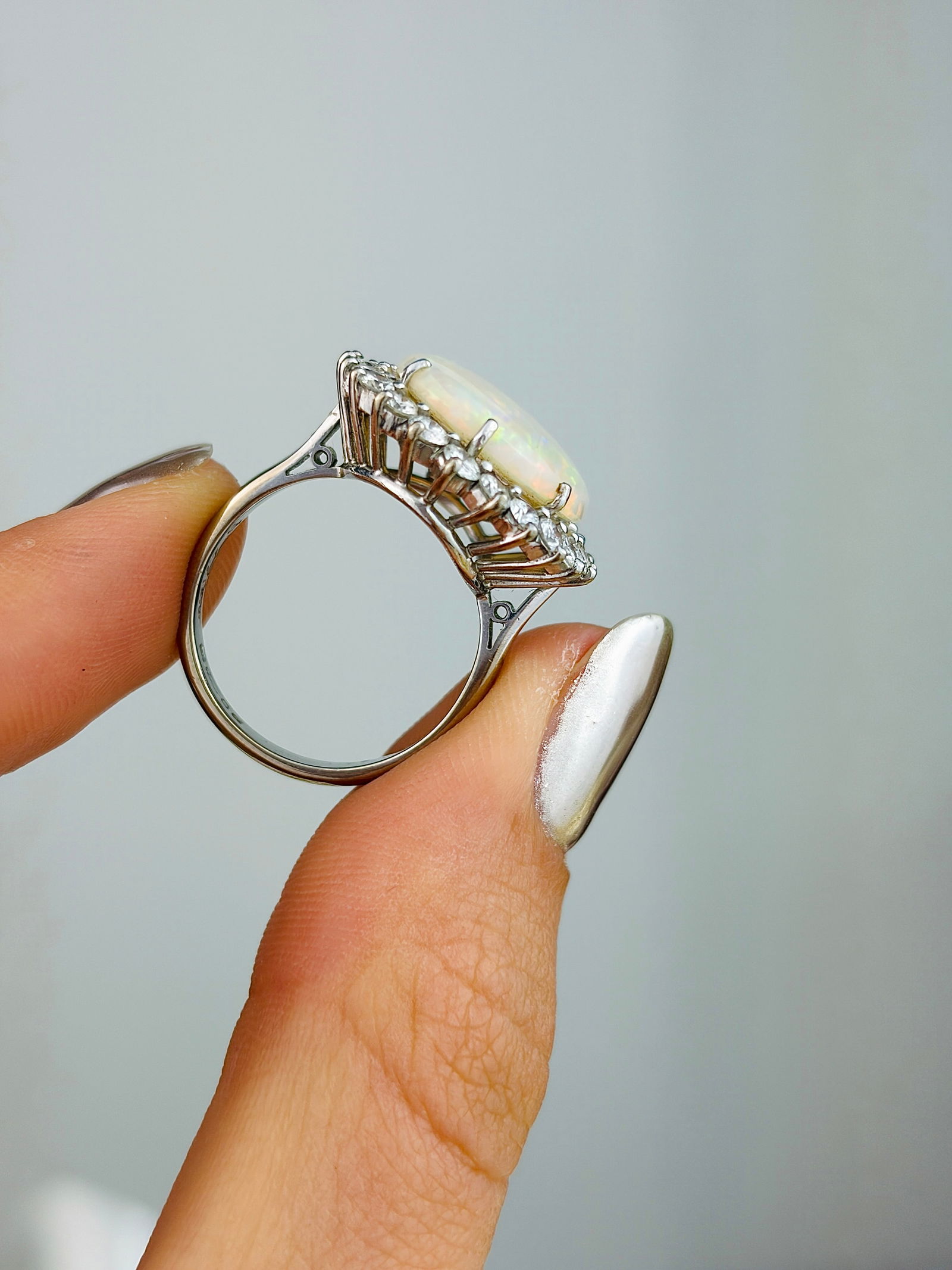 Vintage C.1979 18ct White Gold Opal and Diamond Halo Ring - 6