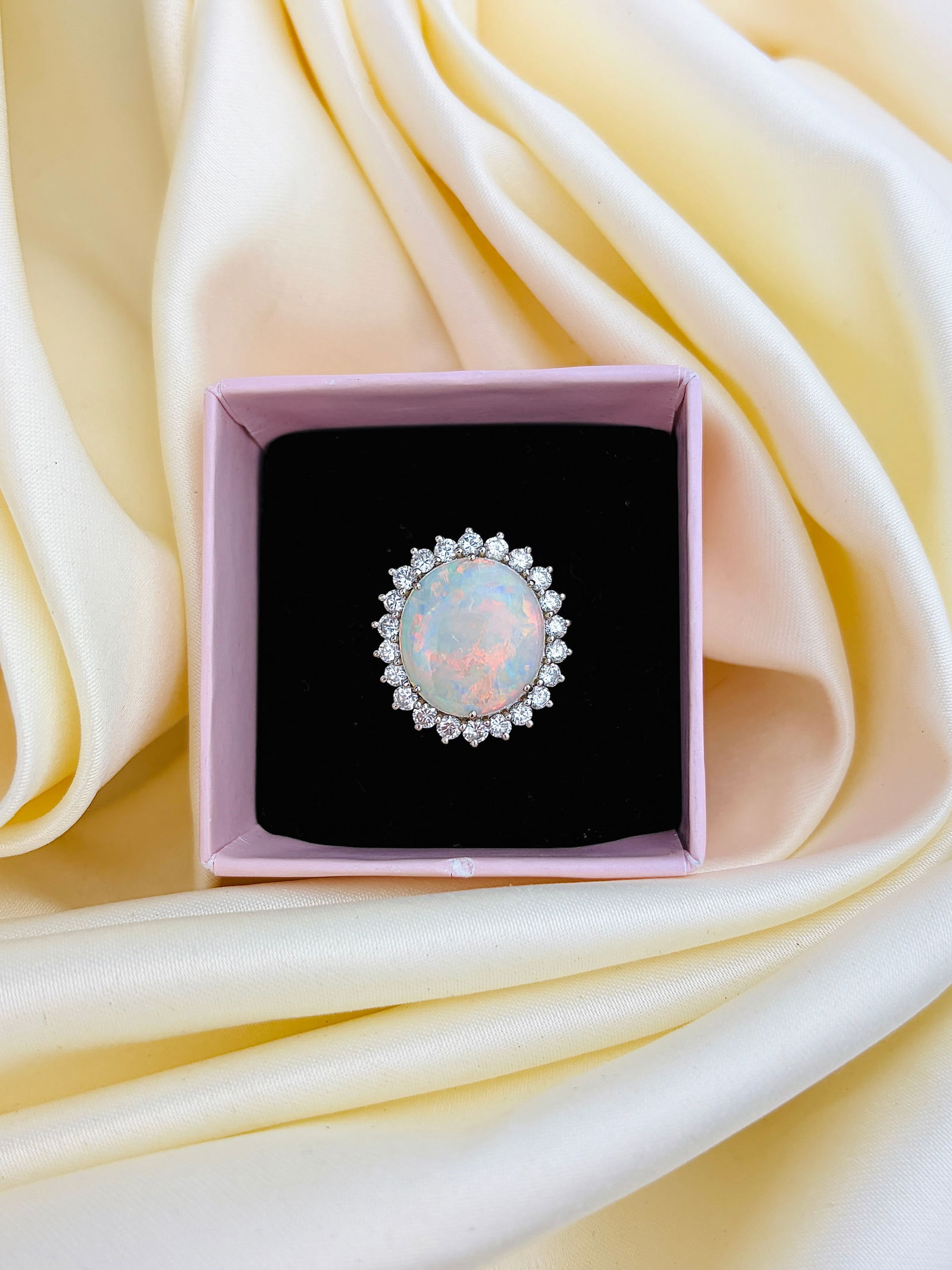 Vintage C.1979 18ct White Gold Opal and Diamond Halo Ring - 7