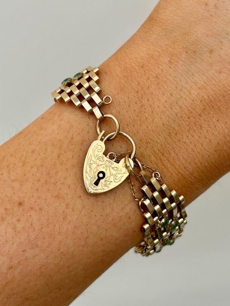 Wide Turquoise Set and Gold Gate Bracelet with Heart Padlock - 3
