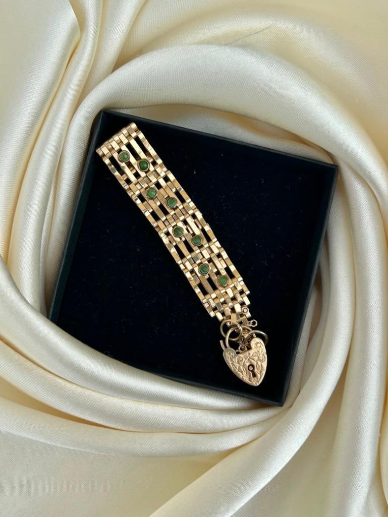 Wide Turquoise Set and Gold Gate Bracelet with Heart Padlock - 4