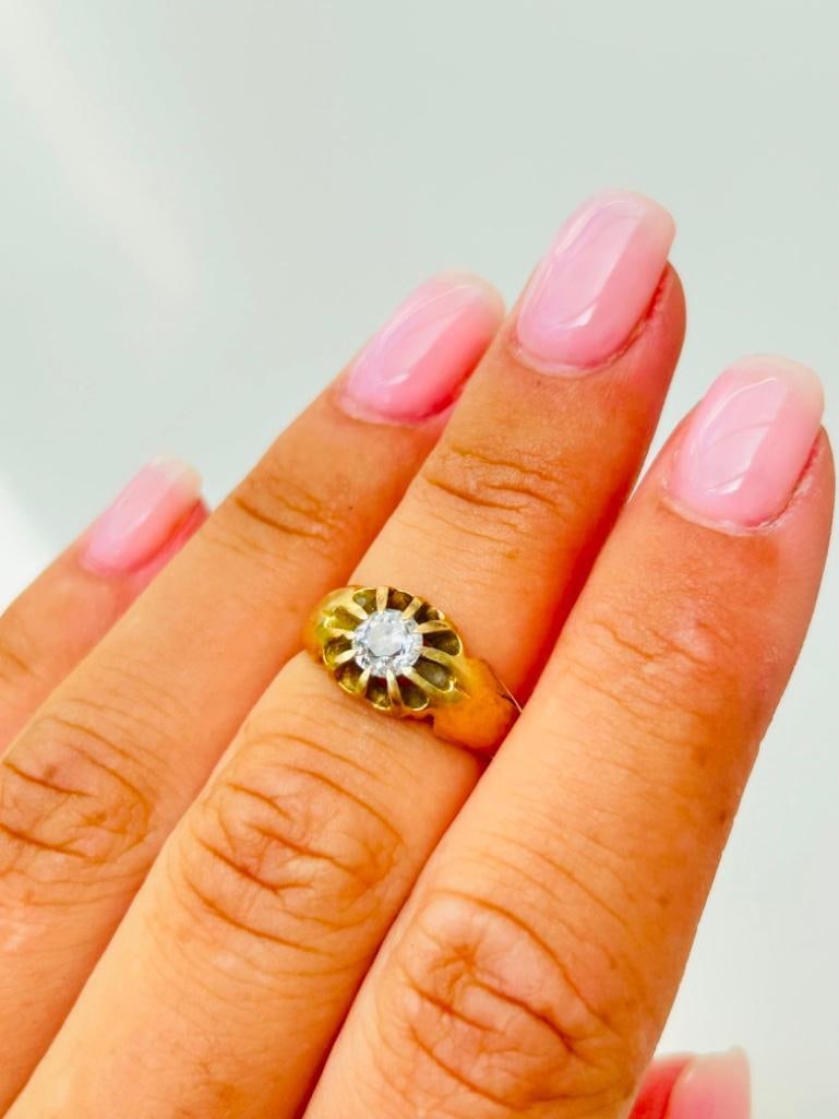 Antique Heavy Chunky 18ct Yellow Gold Buttercup / Belcher 40pts Diamond Ring - 2