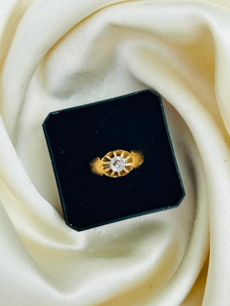 Antique Heavy Chunky 18ct Yellow Gold Buttercup / Belcher 40pts Diamond Ring - 4