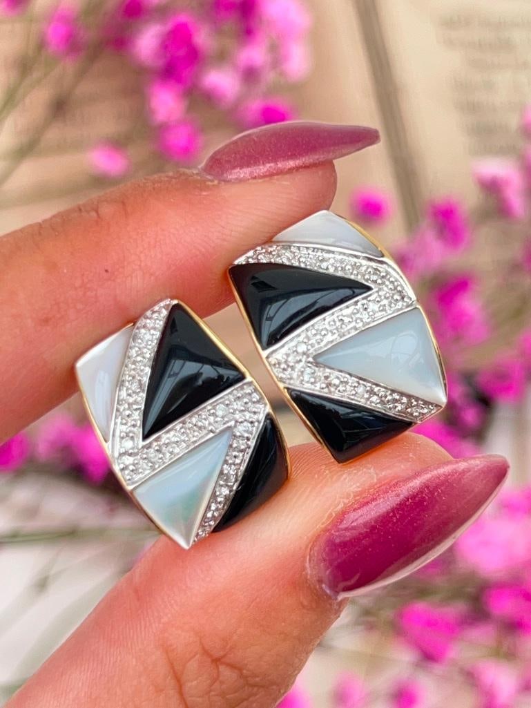 Incredible Vintage Onyx, mother of pearl and diamond 18ct Gold Earrings - 8