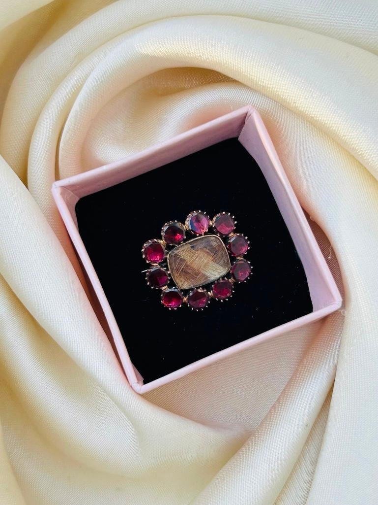 Antique Flat Cut Garnet Crystal Front Locket Brooch in Gold - 3