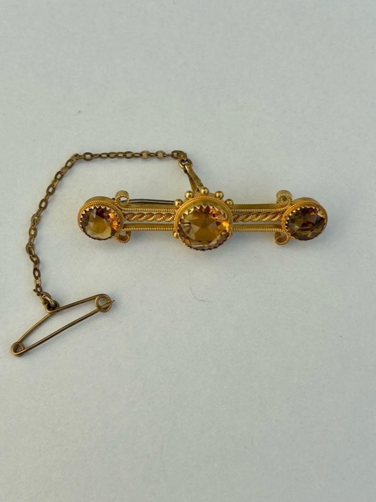 Antique 15ct Yellow Gold Citrine Bar Brooch - 2