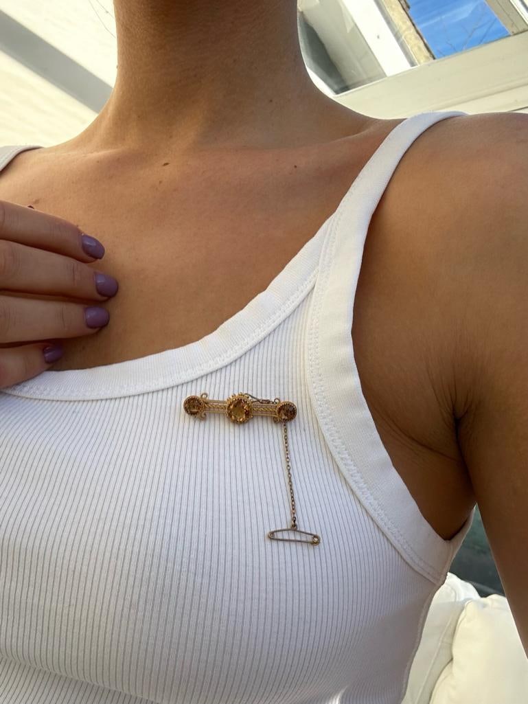 Antique 15ct Yellow Gold Citrine Bar Brooch - 6