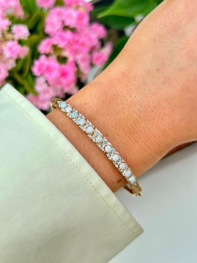 9ct Yellow Gold Opal and Diamond Bangle Bracelet - 2