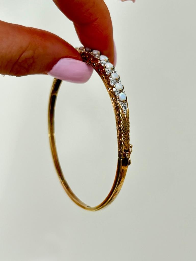 9ct Yellow Gold Opal and Diamond Bangle Bracelet - 7