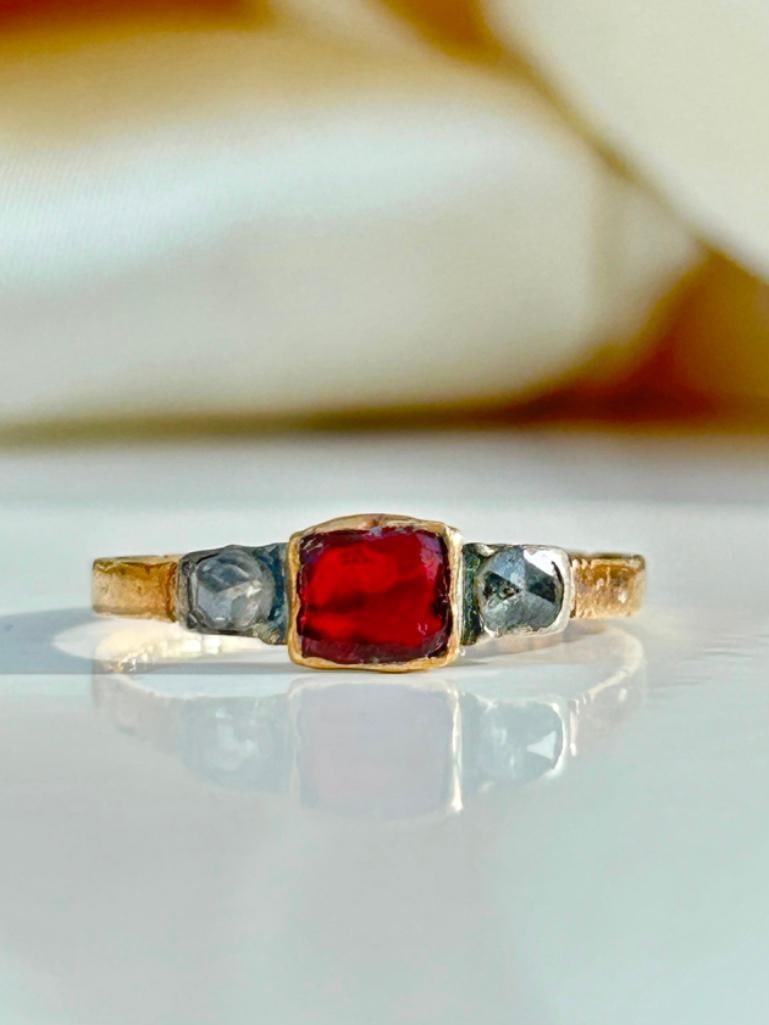 Antique Georgian Era Flat Cut Garnet and Diamond Gold Ring - 2