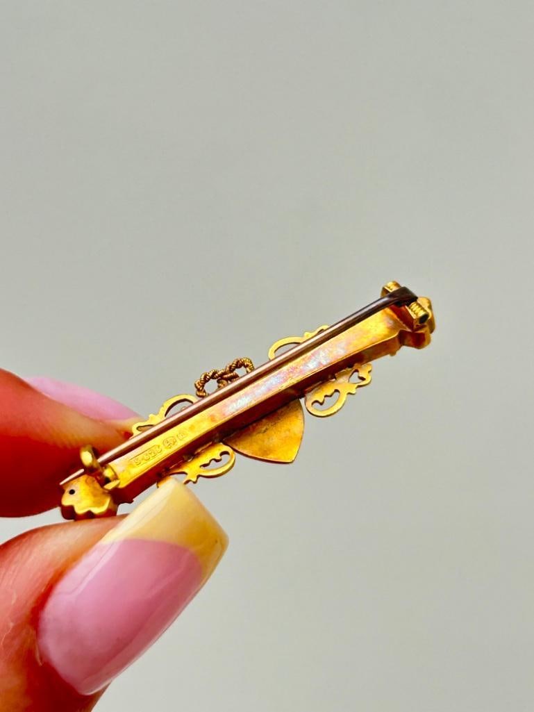 Antique 15ct Yellow Gold Diamond Heart Bar Brooch Pin - 4