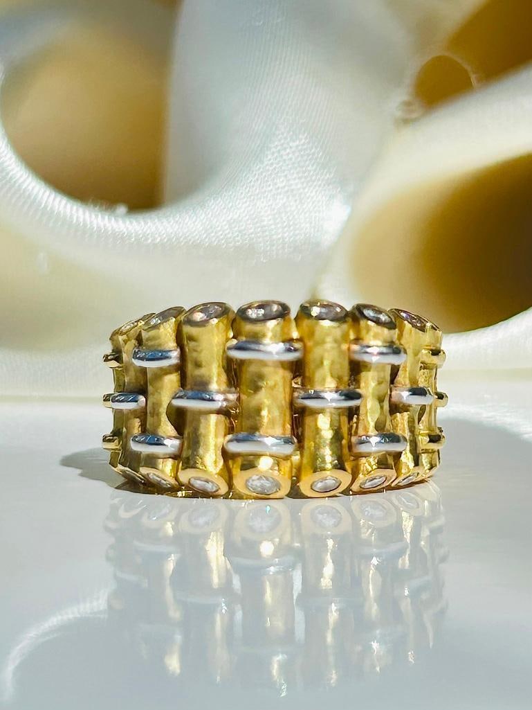 Unusual Chunky 18ct Yellow Gold and Diamond Band Ring: Unusual Chunky 18ct Yellow Gold and Diamond Band Ring the most gorgeous bamboo style ring, truly amazing! measurements size UK N US 7 head of ring 20mm x 11mm<