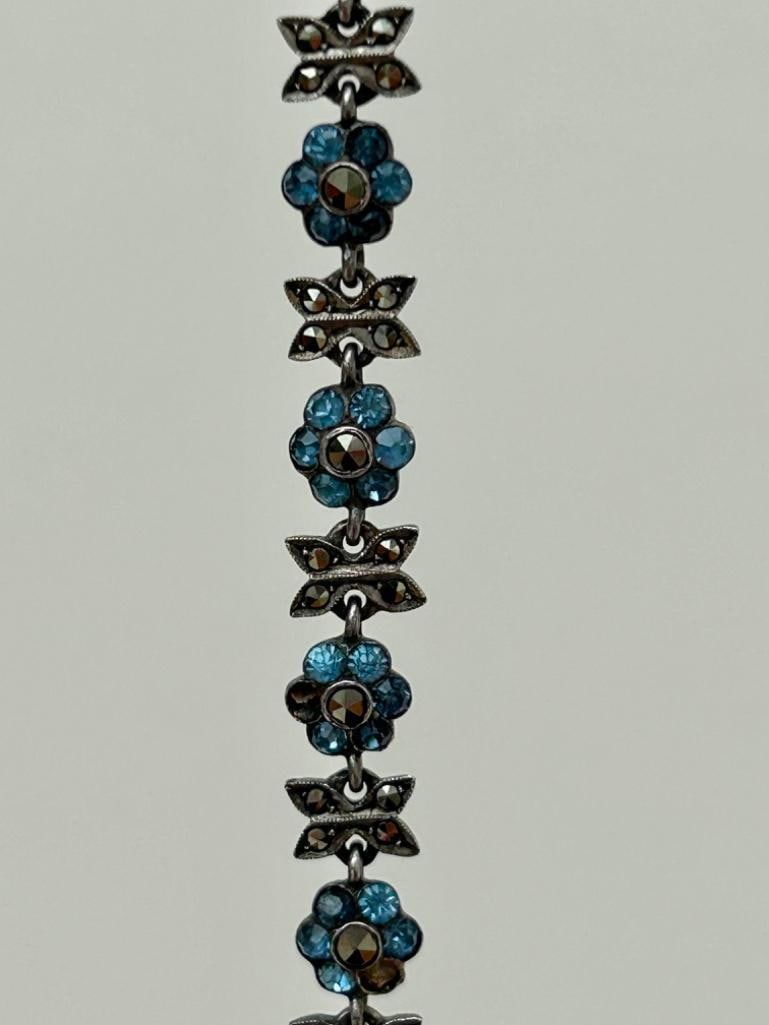 Antique Silver Blue Paste and Marcasite Flower Rivière Necklace - 2