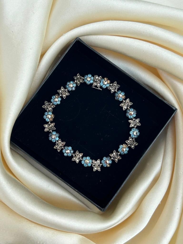 Antique Silver Blue Paste and Marcasite Flower Rivière Necklace - 3