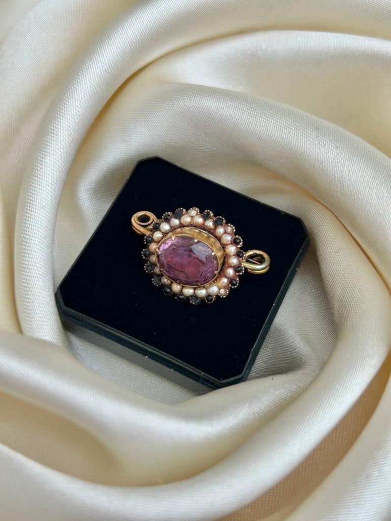 Georgian Era Gold Jet Pearl and Amethyst Brooch - 2