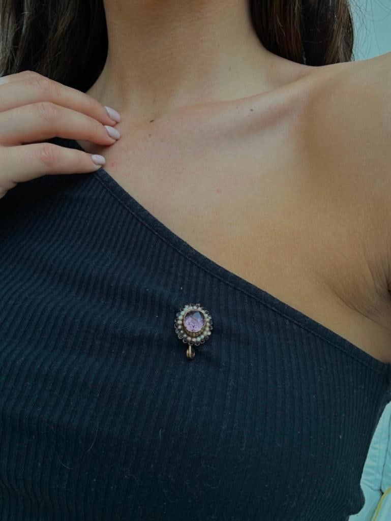 Georgian Era Gold Jet Pearl and Amethyst Brooch - 4